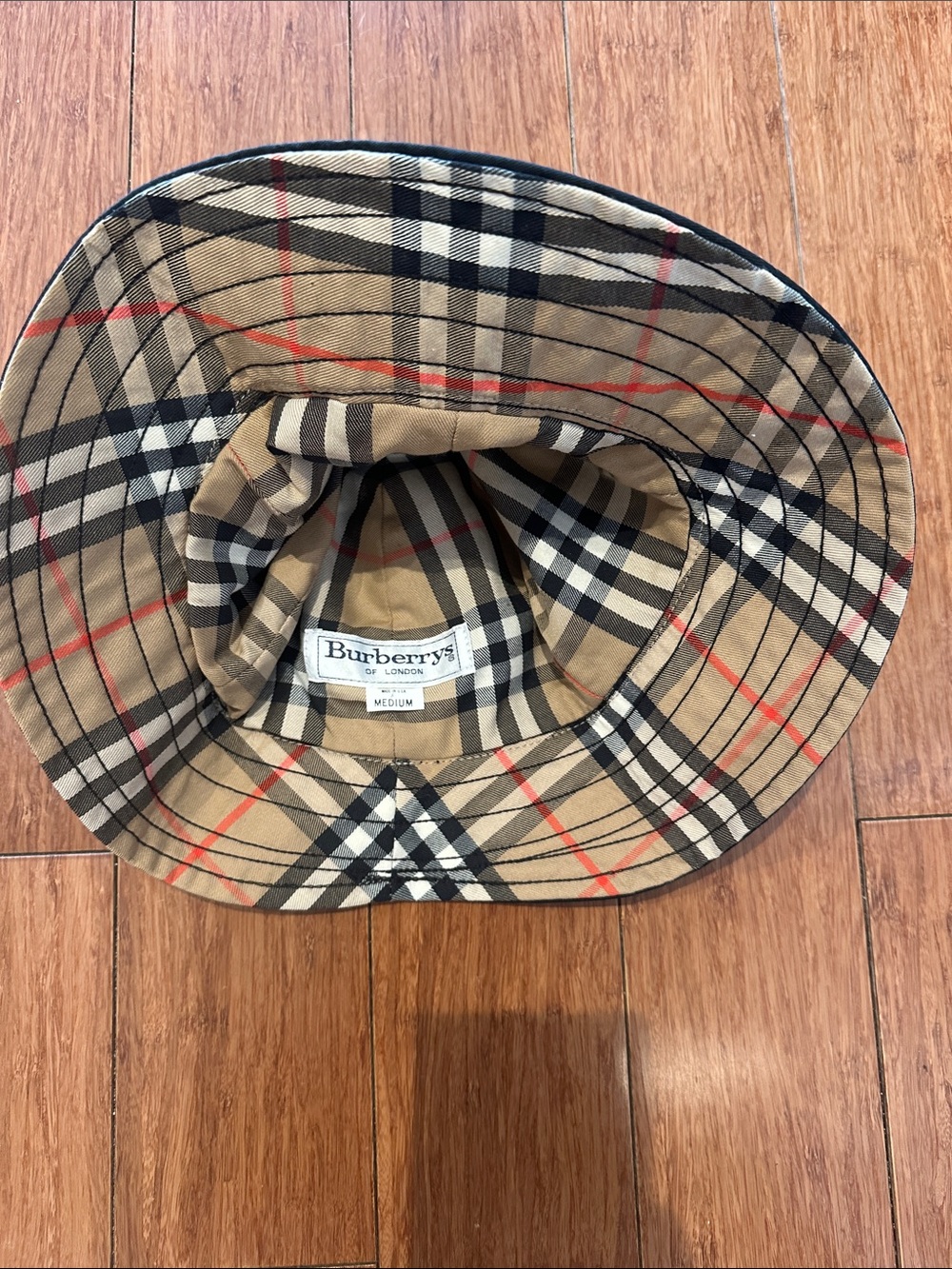 Burberry Signature Check Bucket Hat in Tan, Black & Red